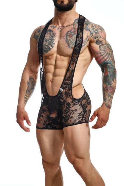 Black lace bodysuit mob singlet with intricate floral patterns and sheer form fitting design