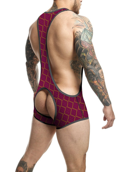 A maroon and gold patterned mob singlet with a distinctive open-back design shown from the back side