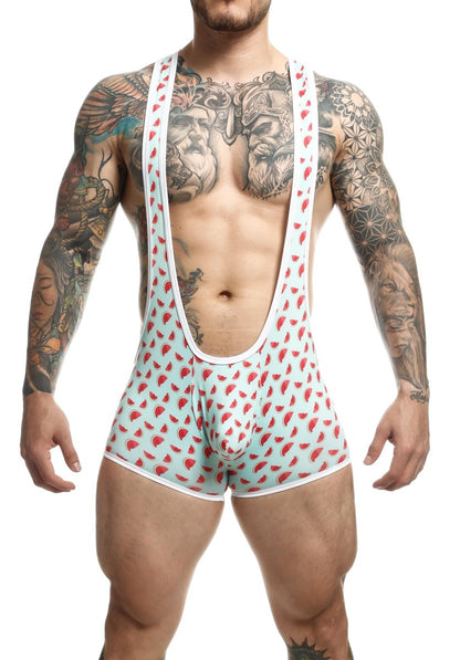 Mob singlet light blue and red watermelon slice patterned men’s athletic singlet with white trim for sportswear