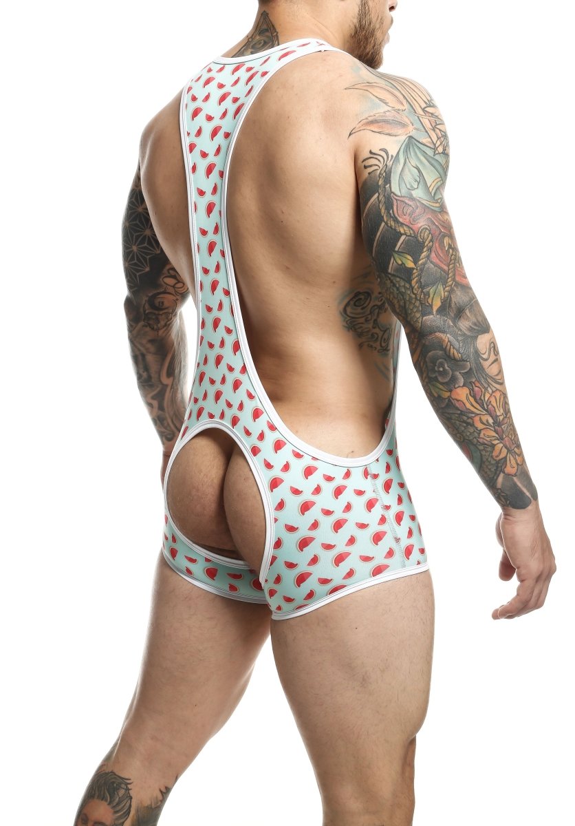 Men’s athletic one-piece mob singlet in light blue and red watermelon slice pattern with white trim