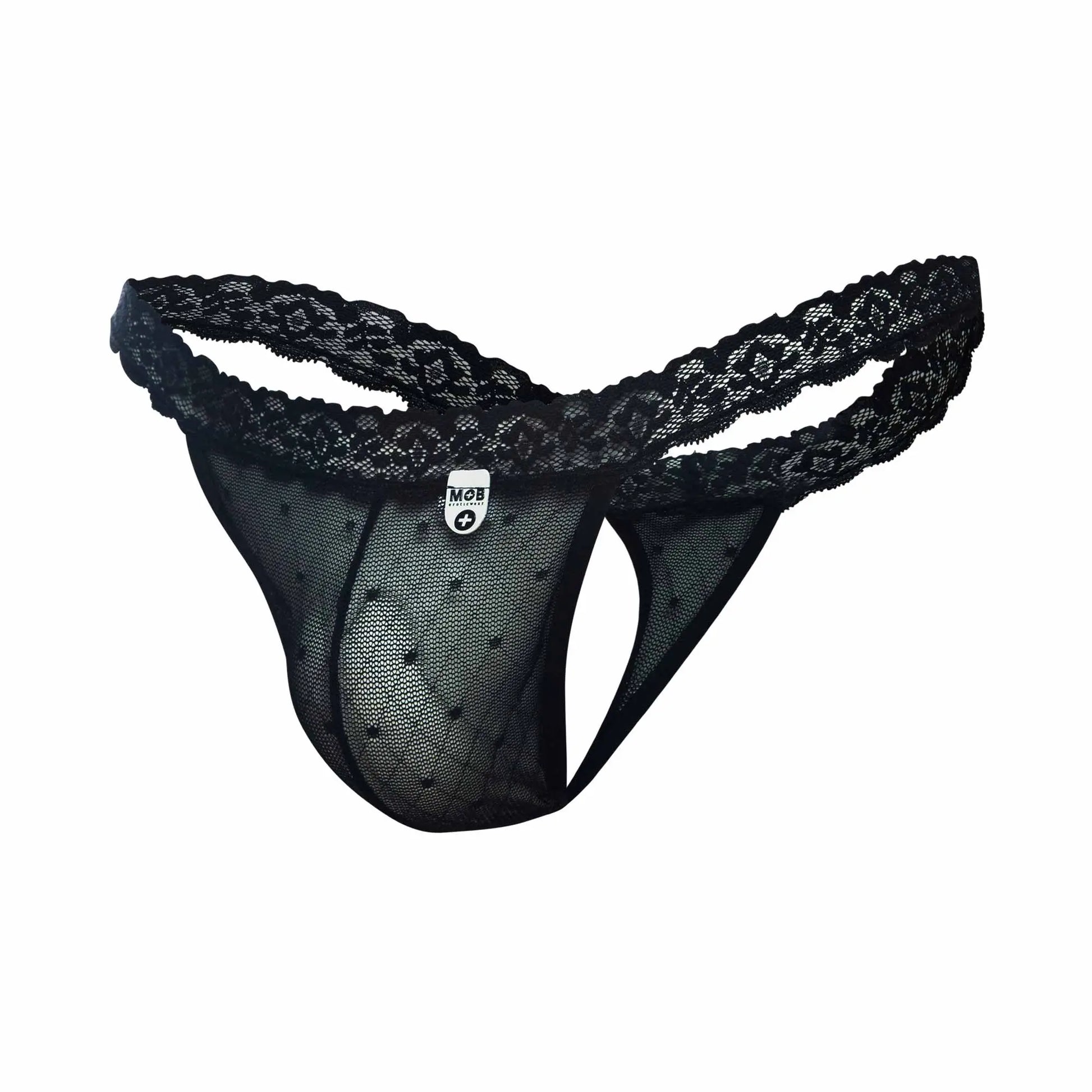 Black lace-trimmed mesh thong with subtle dotted pattern and small brand tag from Mob sultry robe and thong set