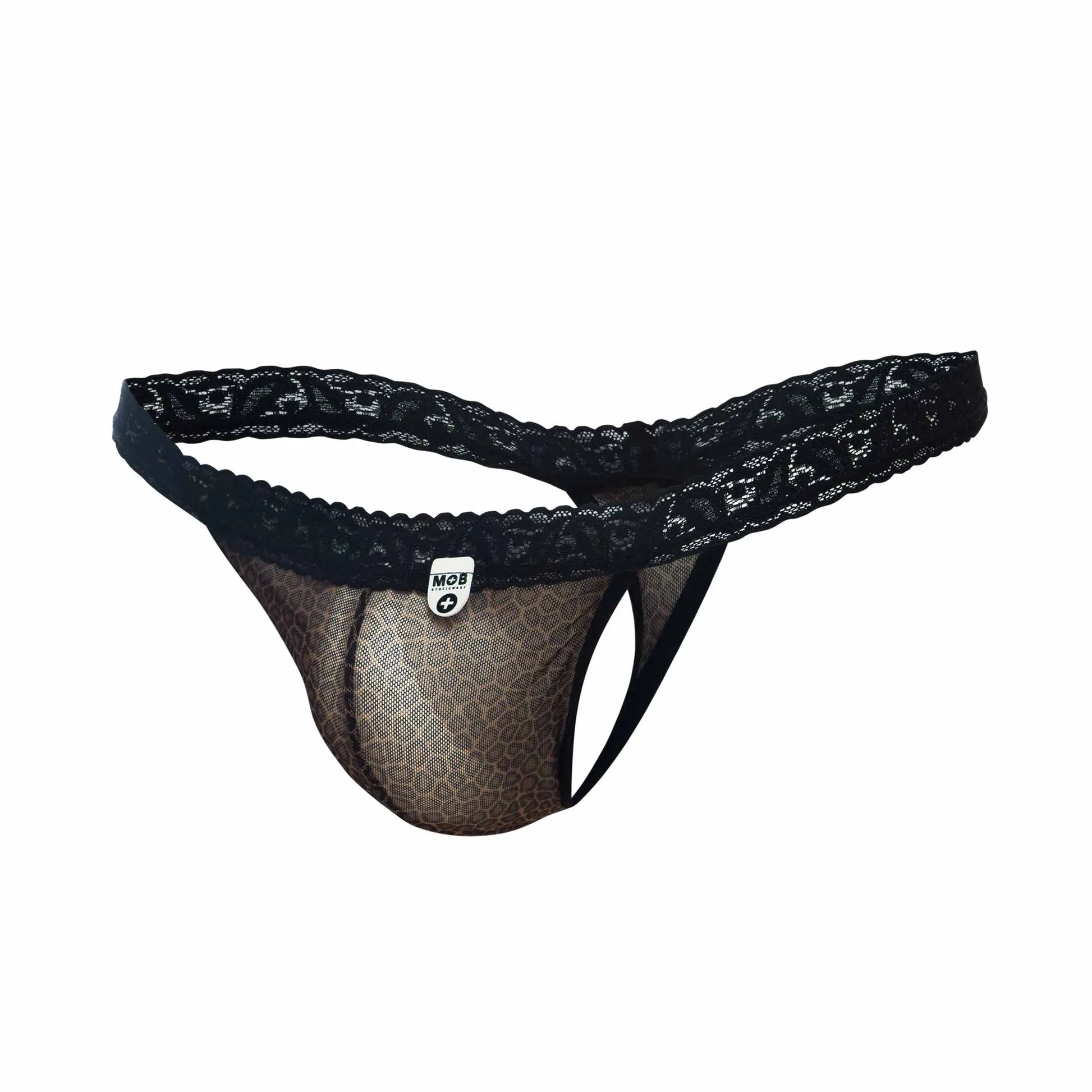 Black lace-trimmed thong with sheer leopard-print mesh and black elastic straps from mob sultry robe and thong set