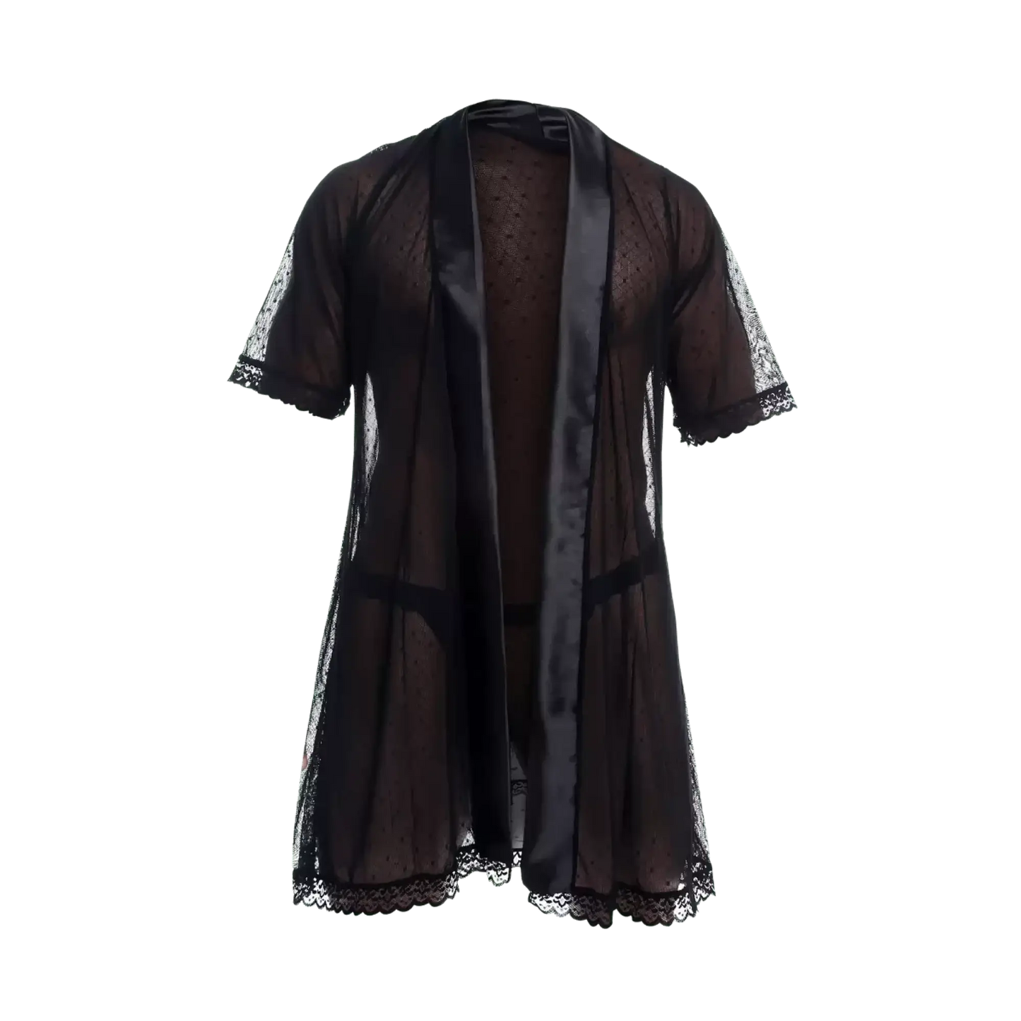 Black sheer lace robe with satin trim and delicate embroidery from the mob sultry robe and thong set