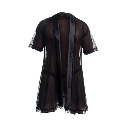 Black sheer lace robe with satin trim and delicate embroidery from the mob sultry robe and thong set