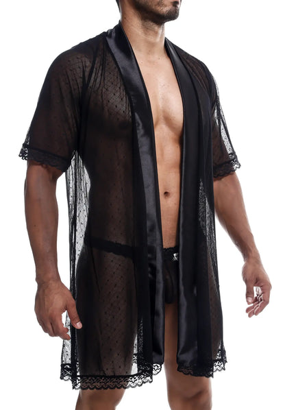 Black sheer lace robe with satin trim and scalloped edges in mob sultry robe and thong set