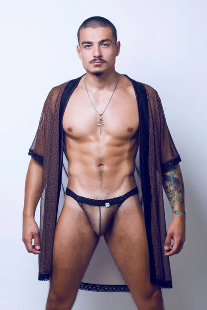 Black sheer mesh thong with black elastic waistband and small white logo from mob sultry robe and thong set