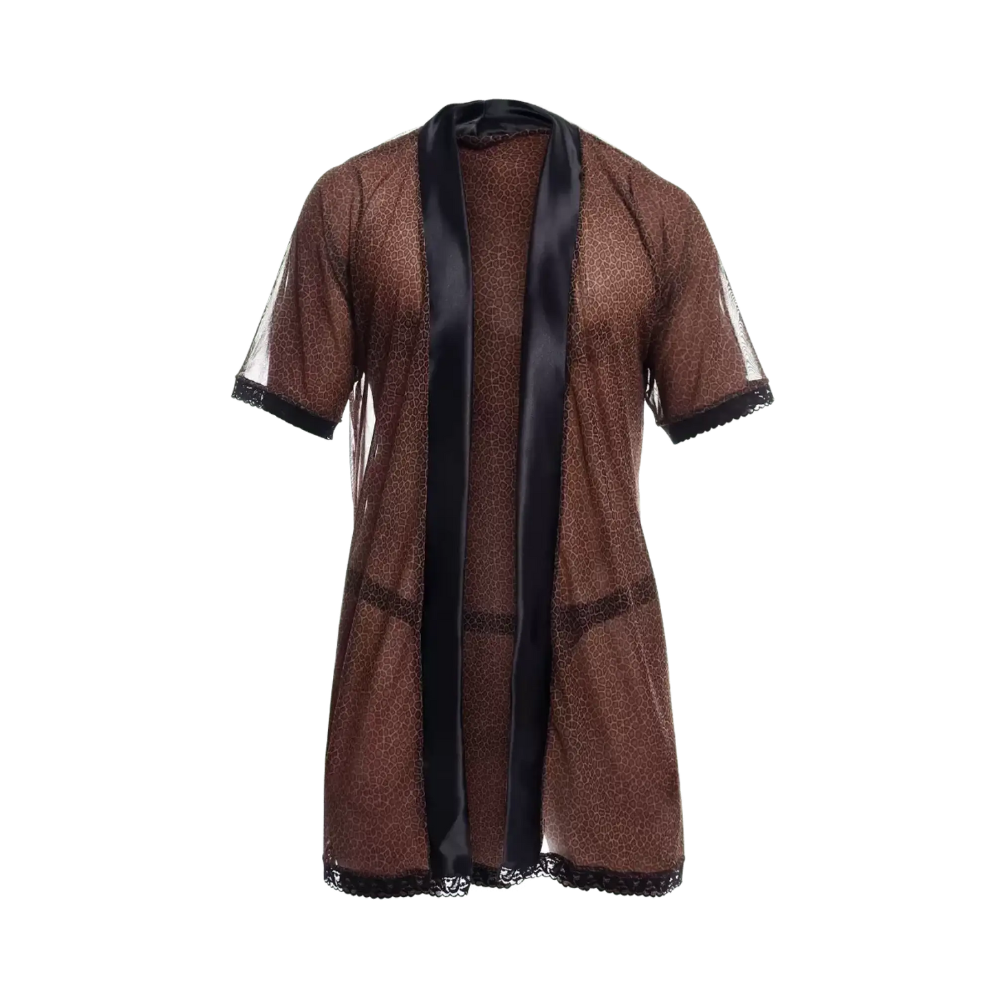 Brown leopard-print sheer robe with black satin trim and lace detailing from mob sultry robe and thong set