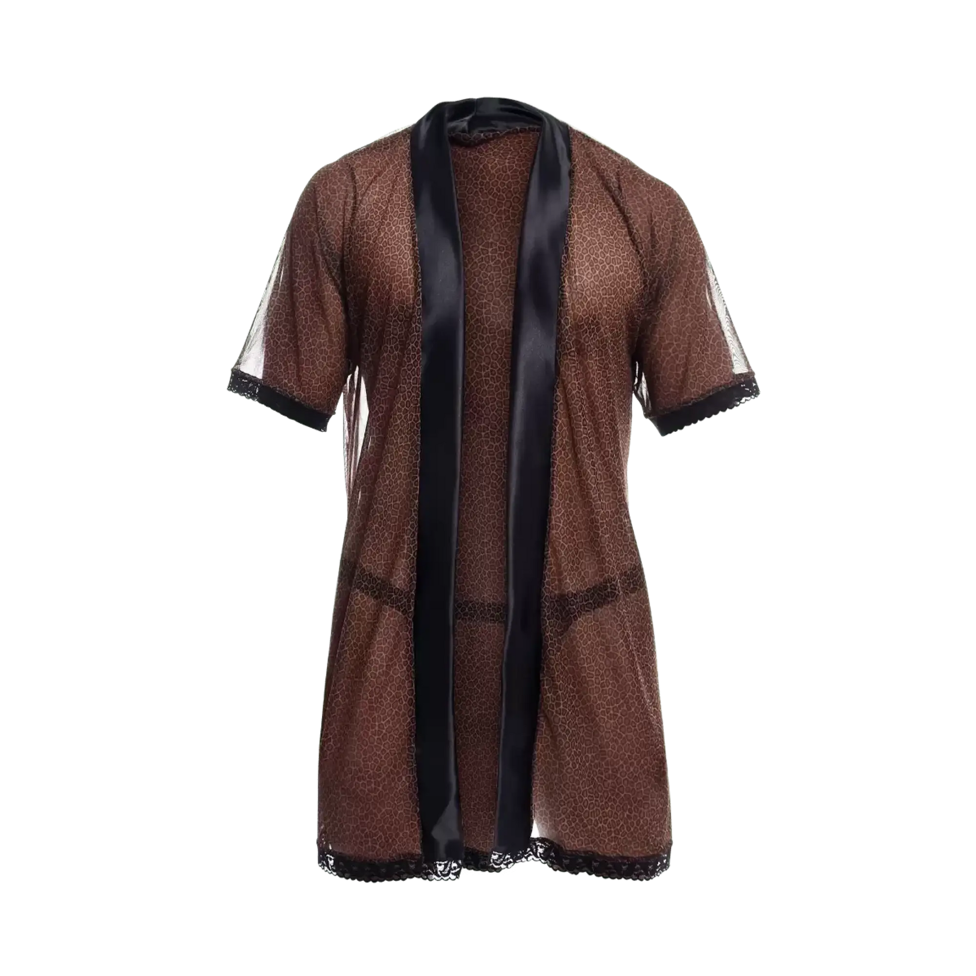 Brown leopard-print sheer robe with black satin trim and lace detailing from mob sultry robe and thong set