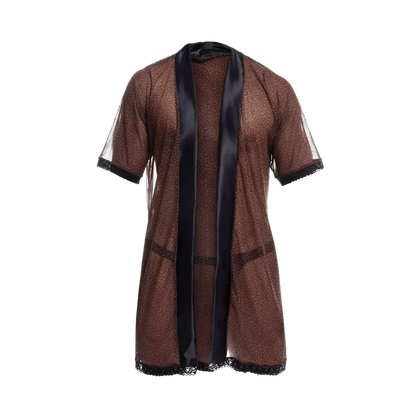 Brown leopard-print sheer robe with black satin trim and lace detailing from mob sultry robe and thong set
