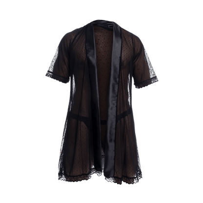 Black sheer lace robe with satin trim and delicate dot pattern from mob sultry robe and thong set
