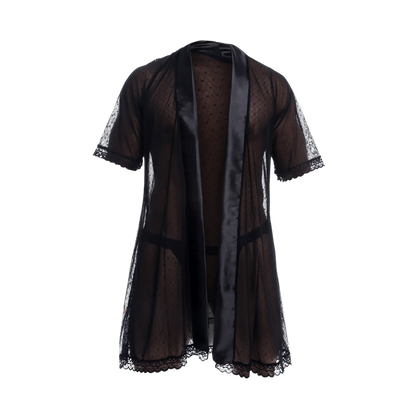 Black sheer lace robe with satin trim and delicate dot pattern from mob sultry robe and thong set