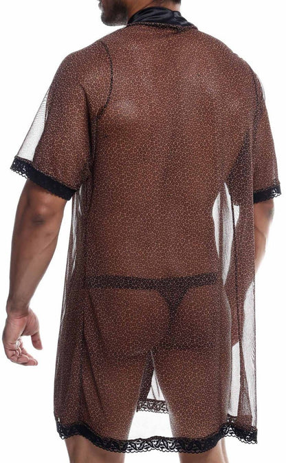 Brown leopard-print sheer robe with black lace trim on sleeves hem and collar from mobs sultry robe and thong set
