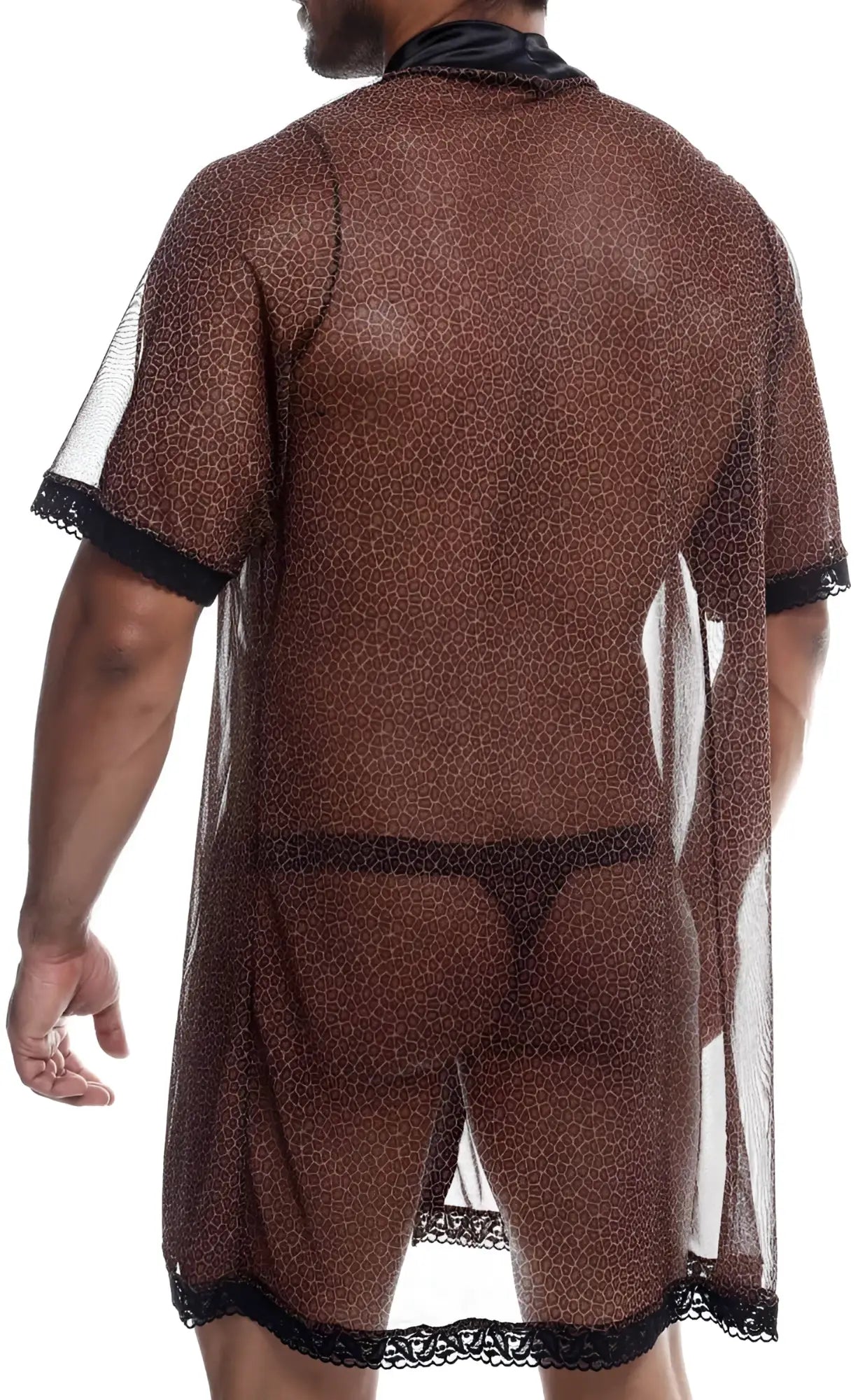 Brown leopard-print sheer robe with black lace trim on sleeves hem and collar from mobs sultry robe and thong set