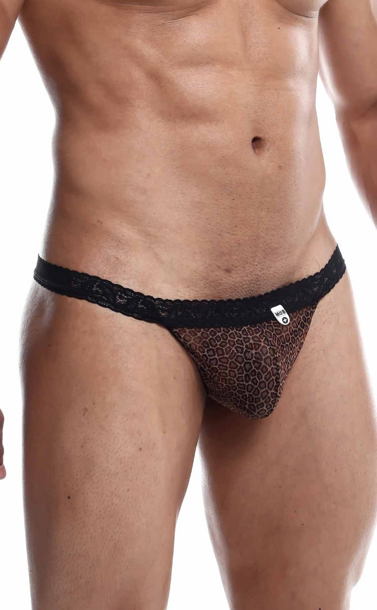 Black lace-trimmed leopard print thong from mob sultry robe and thong set in sheer fabric for intimate wear