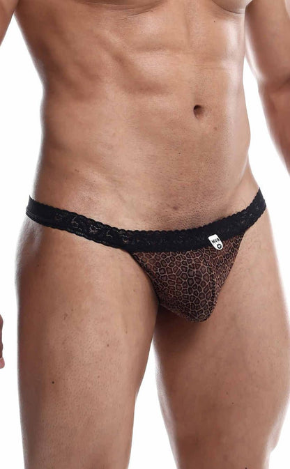 Black lace-trimmed leopard print thong from mob sultry robe and thong set in sheer fabric for intimate wear