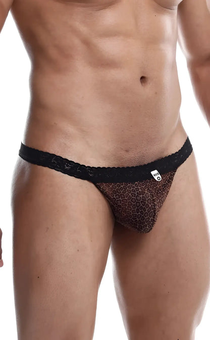 Black lace-trimmed leopard print thong from mob sultry robe and thong set in sheer fabric for intimate wear