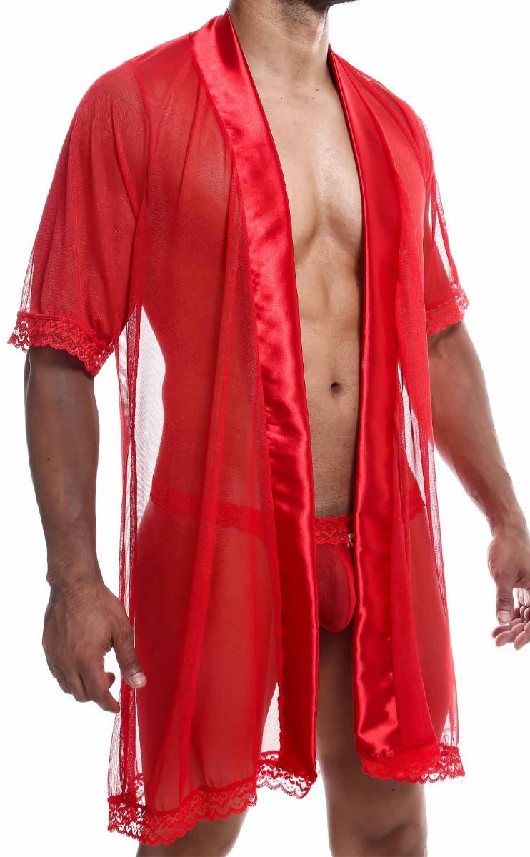 Red sheer mesh robe with satin trim and lace detailing from mob sultry robe and thong set shown from the back