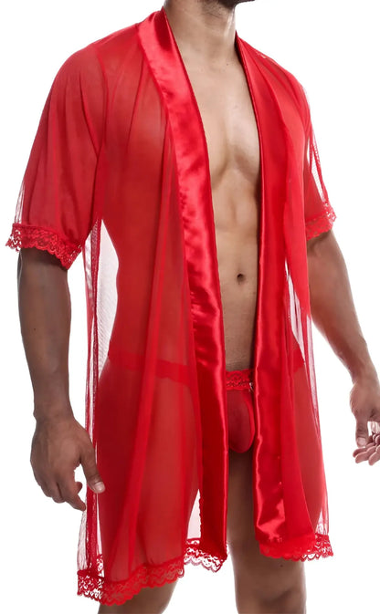Red sheer mesh robe with satin trim and lace detailing from mob sultry robe and thong set shown from the back
