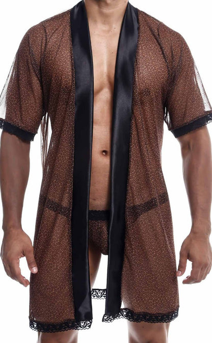 Brown leopard-print sheer robe with black satin trim and lace detailing from the MOB sultry robe and thong set
