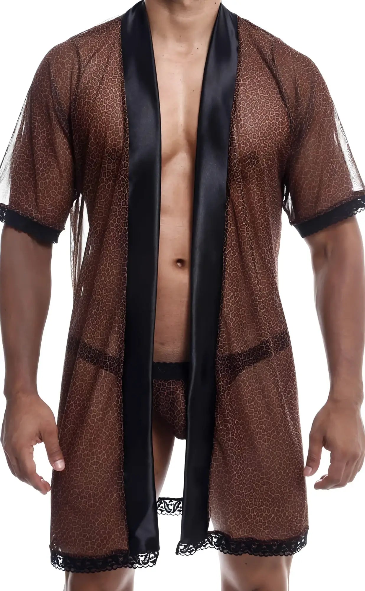 Brown leopard-print sheer robe with black satin trim and lace detailing from the MOB sultry robe and thong set