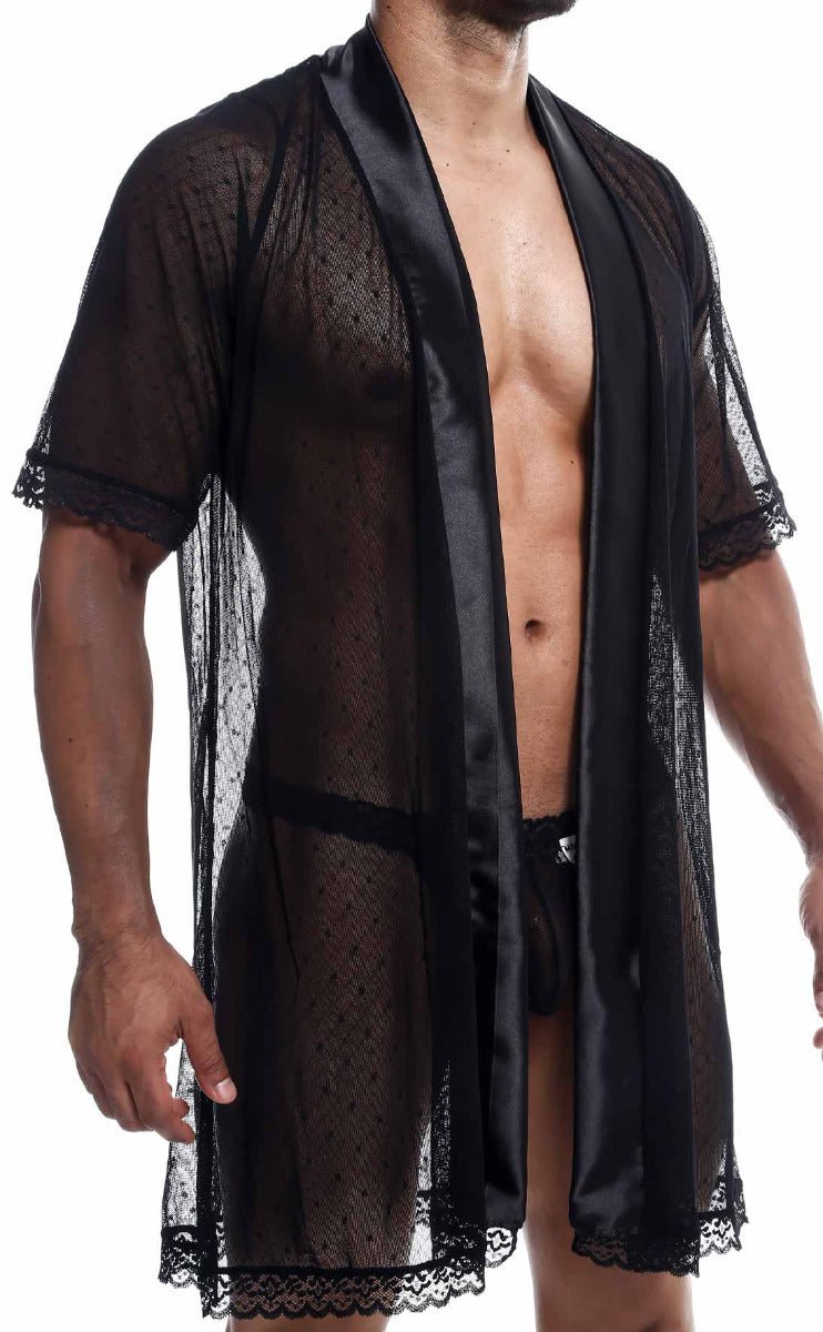 Black sheer lace robe with satin trim and scalloped edges from mob sultry robe and thong set shown from the back