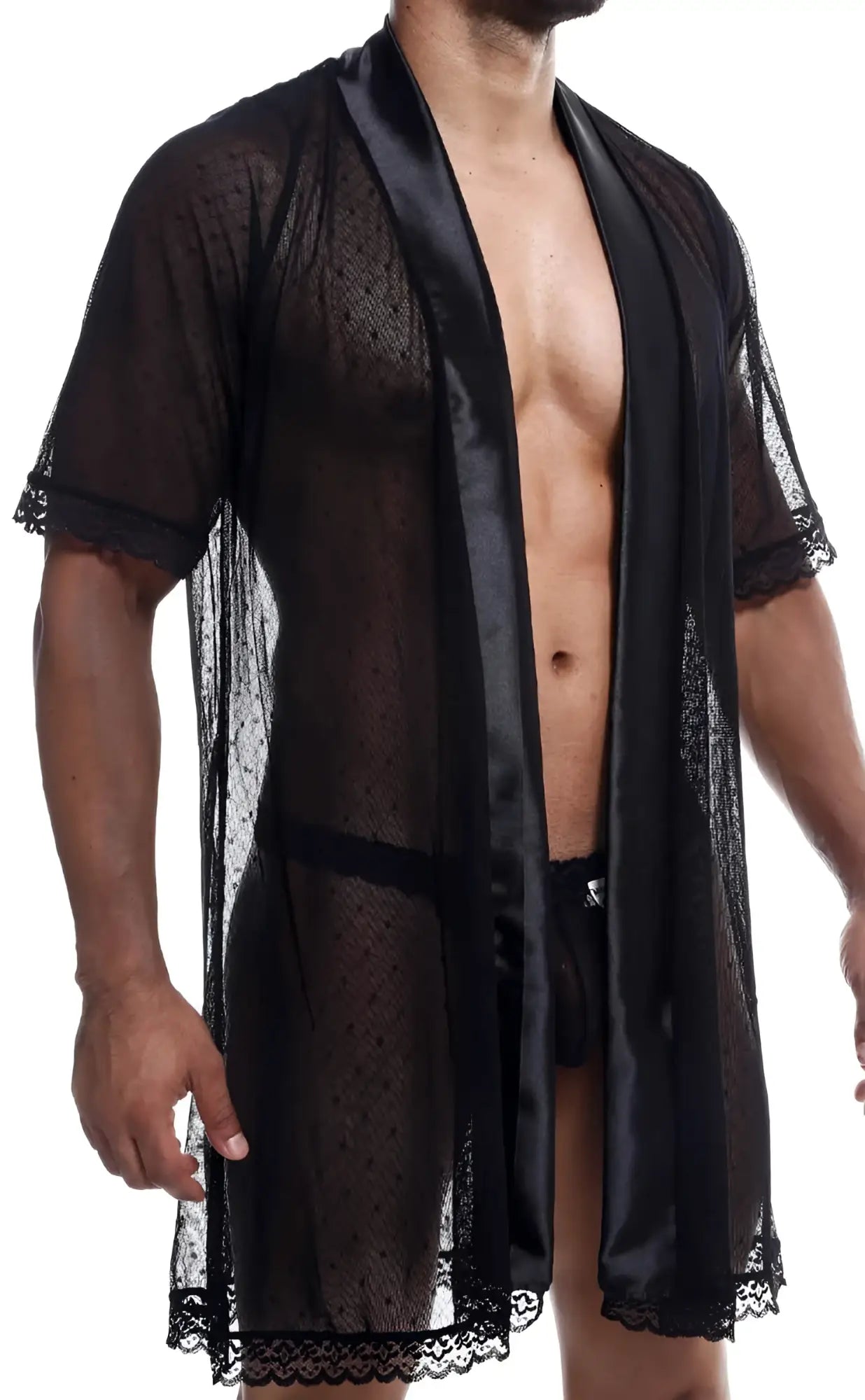 Black sheer lace robe with satin trim and scalloped edges from mob sultry robe and thong set shown from the back