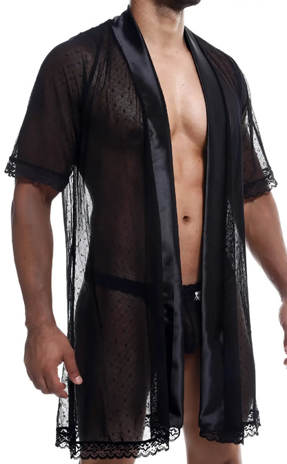 Black sheer lace robe with satin trim and scalloped edges from mob sultry robe and thong set shown from the back