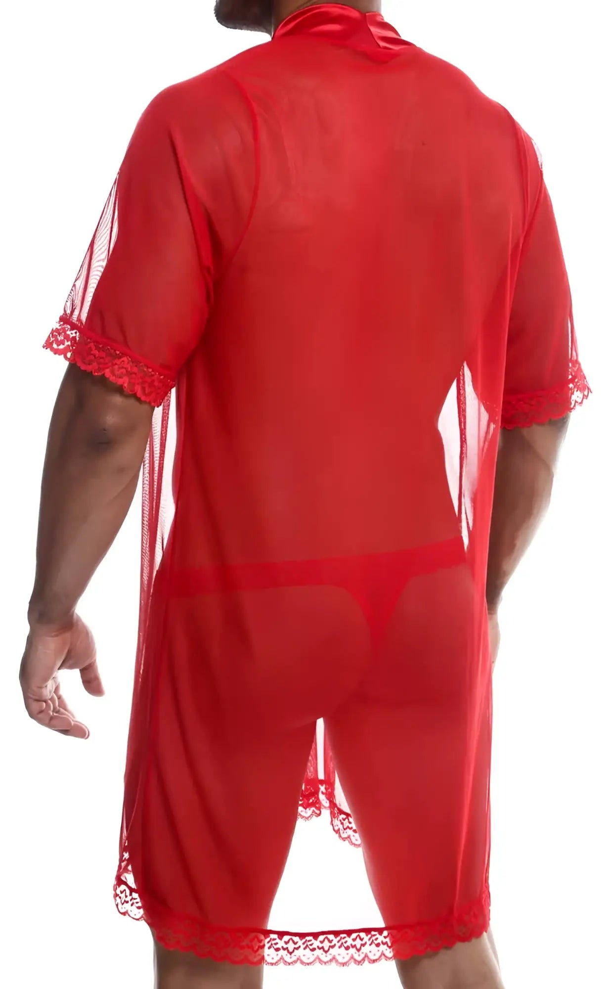 Red sheer lace trimmed robe from mob sultry robe and thong set showcasing delicate lace and lightweight fabric