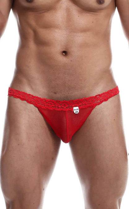 Red lace-trimmed thong with small white brand tag from mob sultry robe and thong set for intimate wear