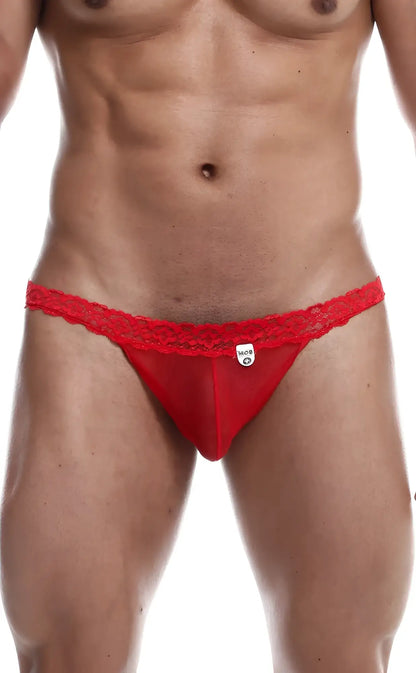 Red lace-trimmed thong with small white brand tag from mob sultry robe and thong set for intimate wear