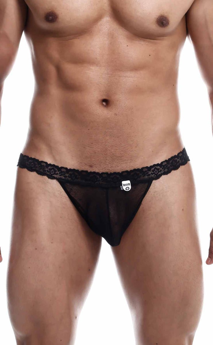 Black lace-trimmed sheer thong with small white logo tag from mob sultry robe and thong set visible from the back