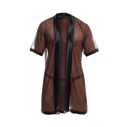 Brown leopard-print sheer robe with black satin trim and lace detailing from mob sultry robe and thong set
