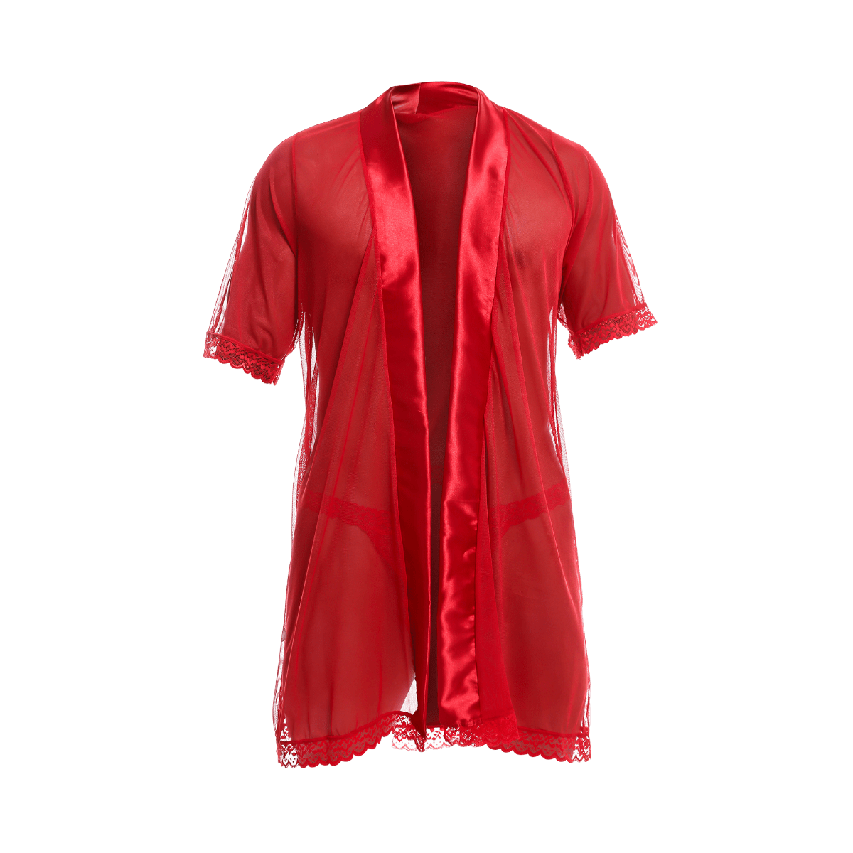 Mob sultry robe and thong set featuring a sheer red satin robe with lace trim on sleeves and hem