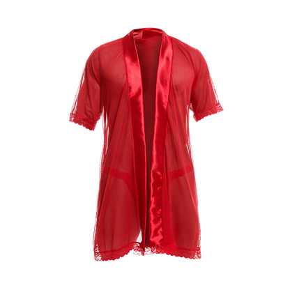 Mob sultry robe and thong set featuring a sheer red satin robe with lace trim on sleeves and hem