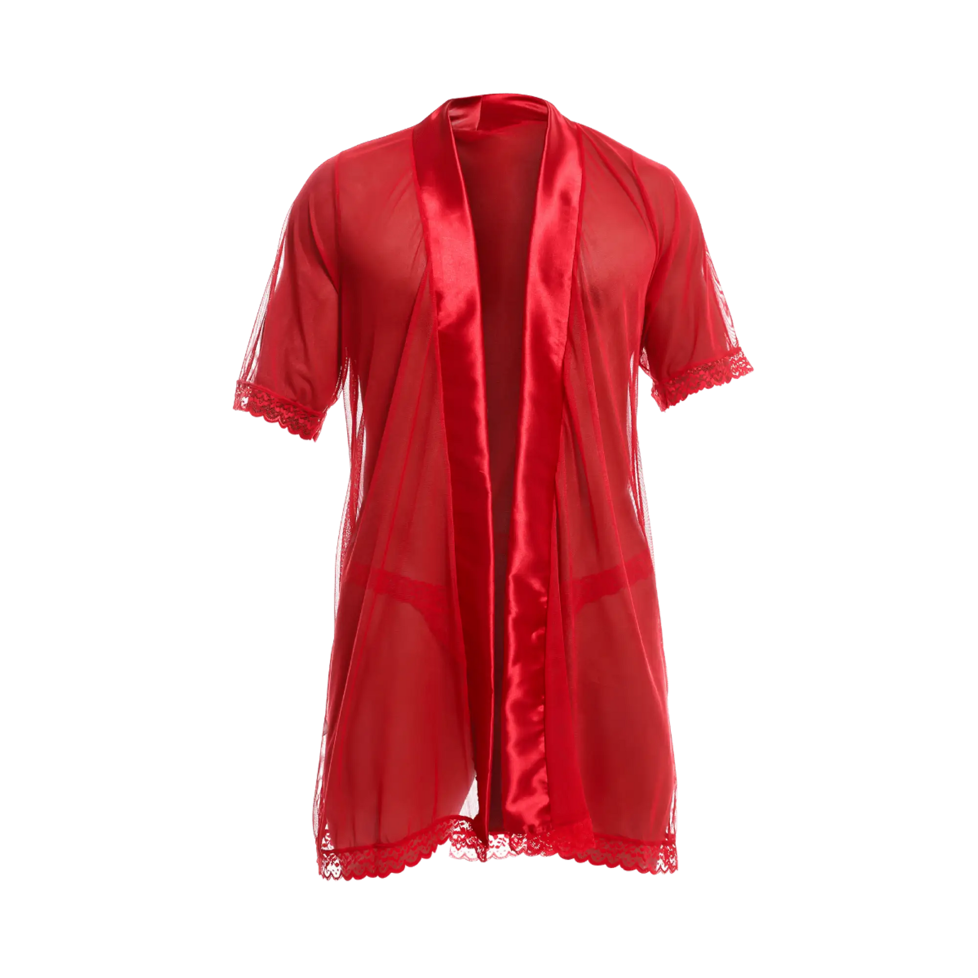 Mob sultry robe and thong set featuring a sheer red satin robe with lace trim on sleeves and hem