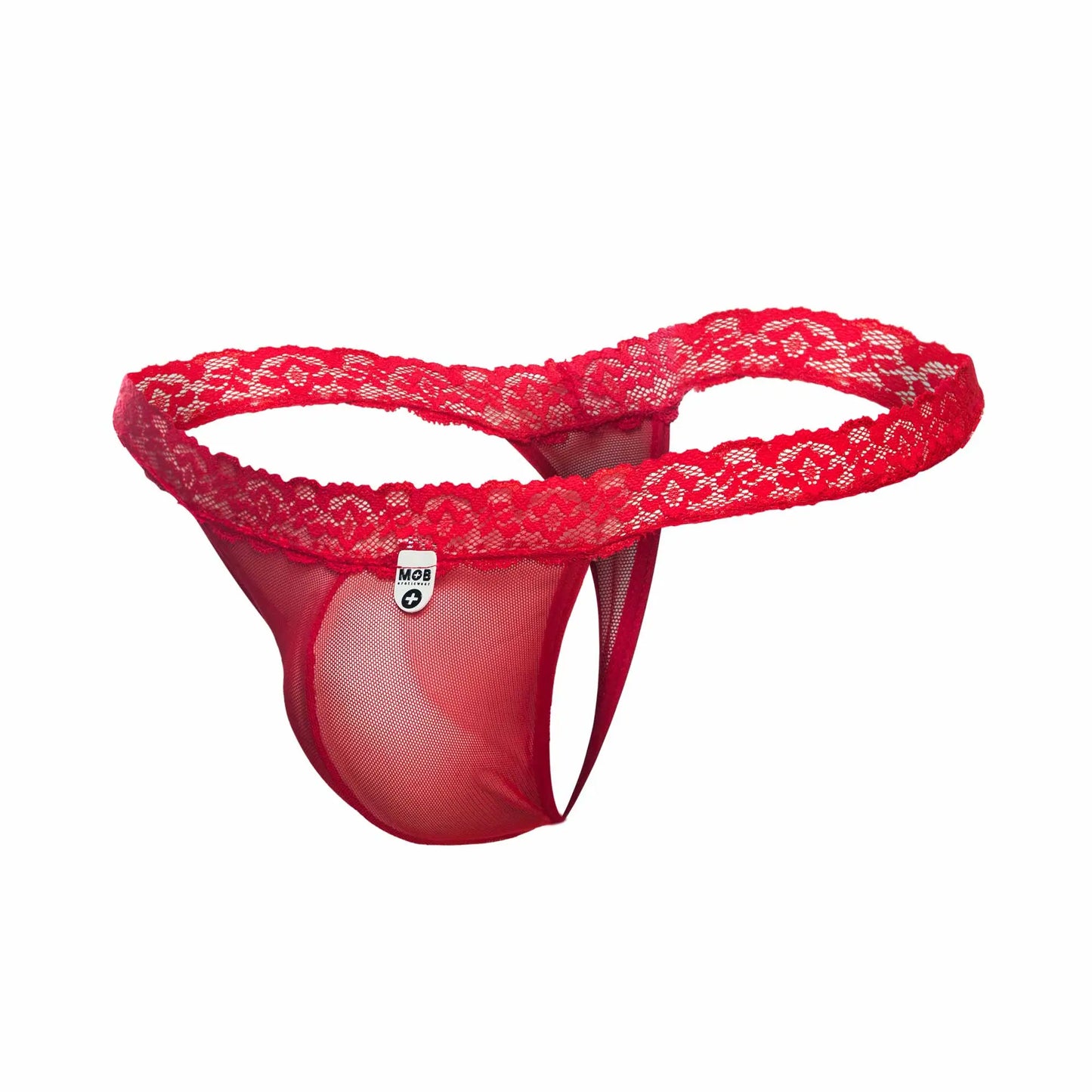 Red lace-trimmed mesh thong with branded tag from mob sultry robe and thong set designed for intimate wear