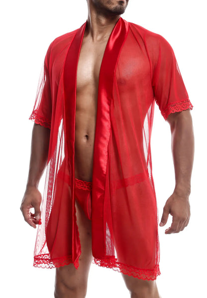 Red sheer satin robe with lace trim from mob sultry robe and thong set perfect for intimate wear