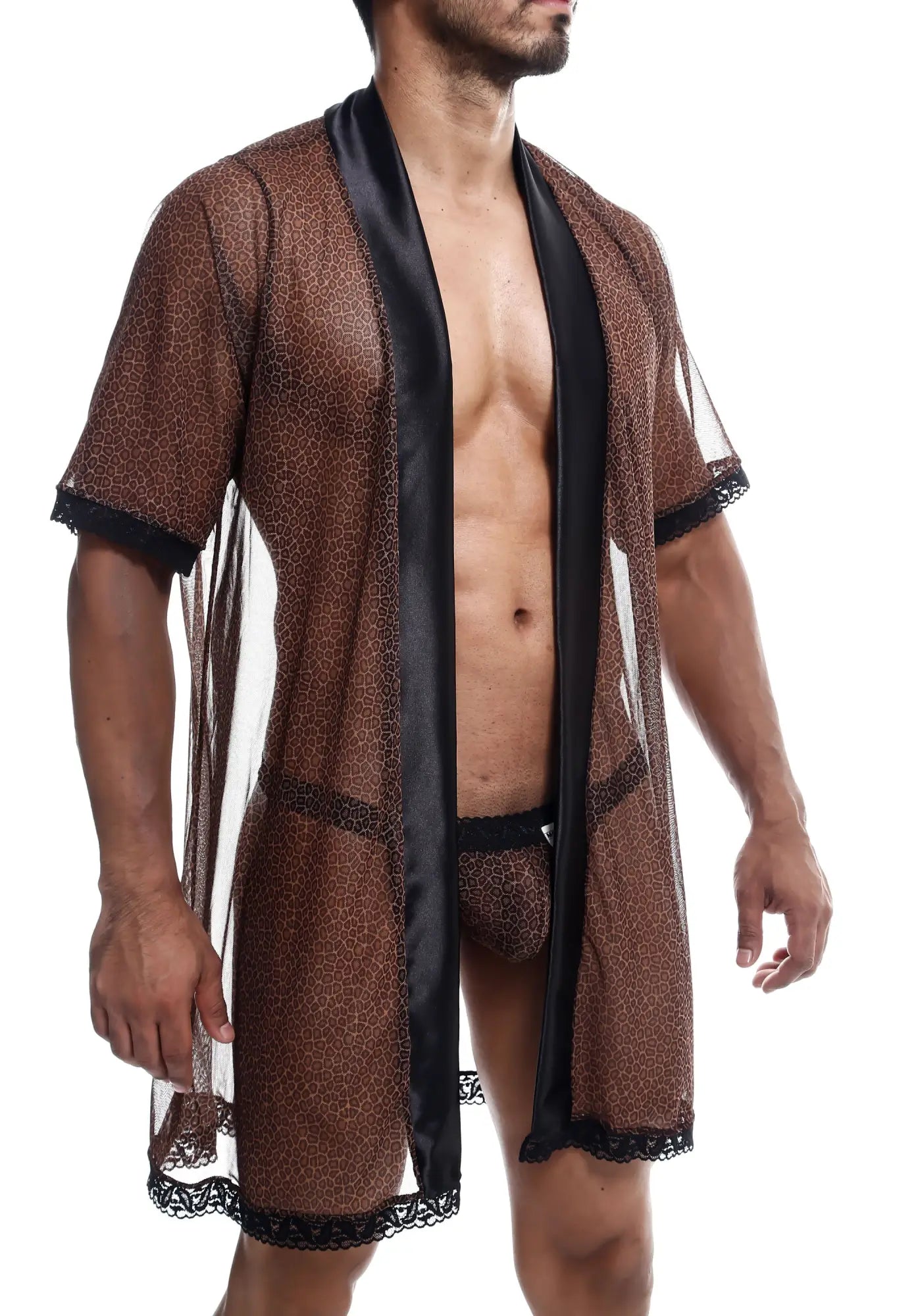 A sheer brown leopard-print mob sultry robe with black satin trim and lace detailing in a thong set