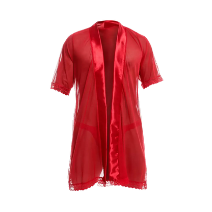 Mob sultry robe and thong set featuring a sheer red satin robe with lace trim on sleeves and hem