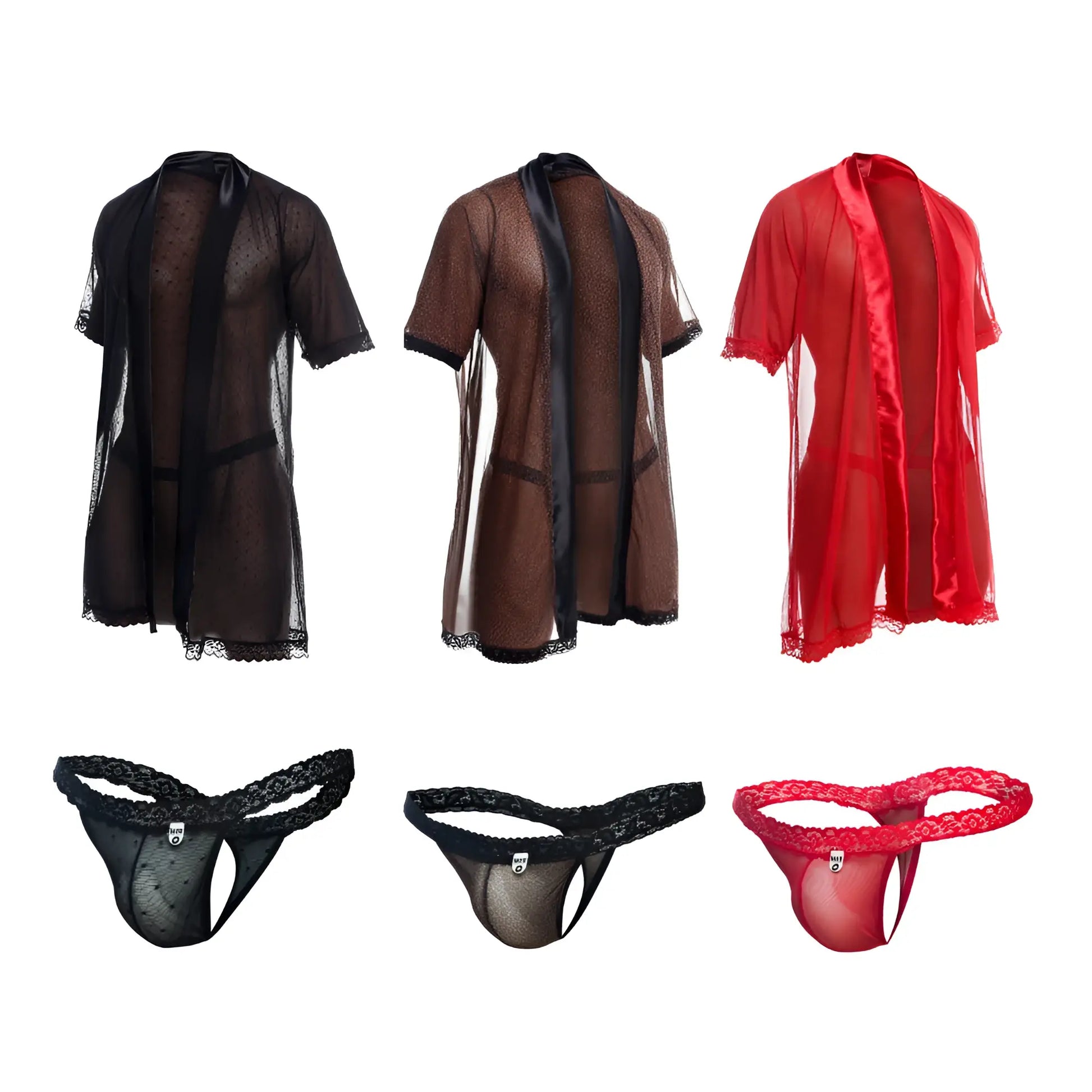 Mob sultry robe and thong set with sheer short sleeves lace trim satin ribbon ties in black brown and red