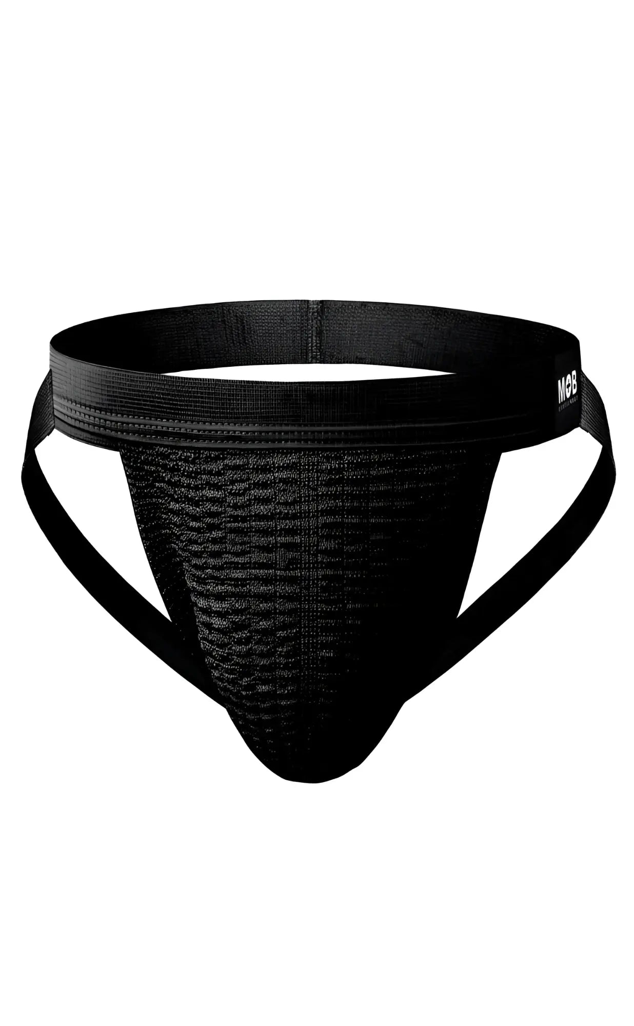 Black mob swim jockstrap with breathable mesh fabric and reinforced elastic waistband for athletic support