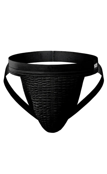 Black mob swim jockstrap with breathable mesh fabric and reinforced elastic waistband for athletic support
