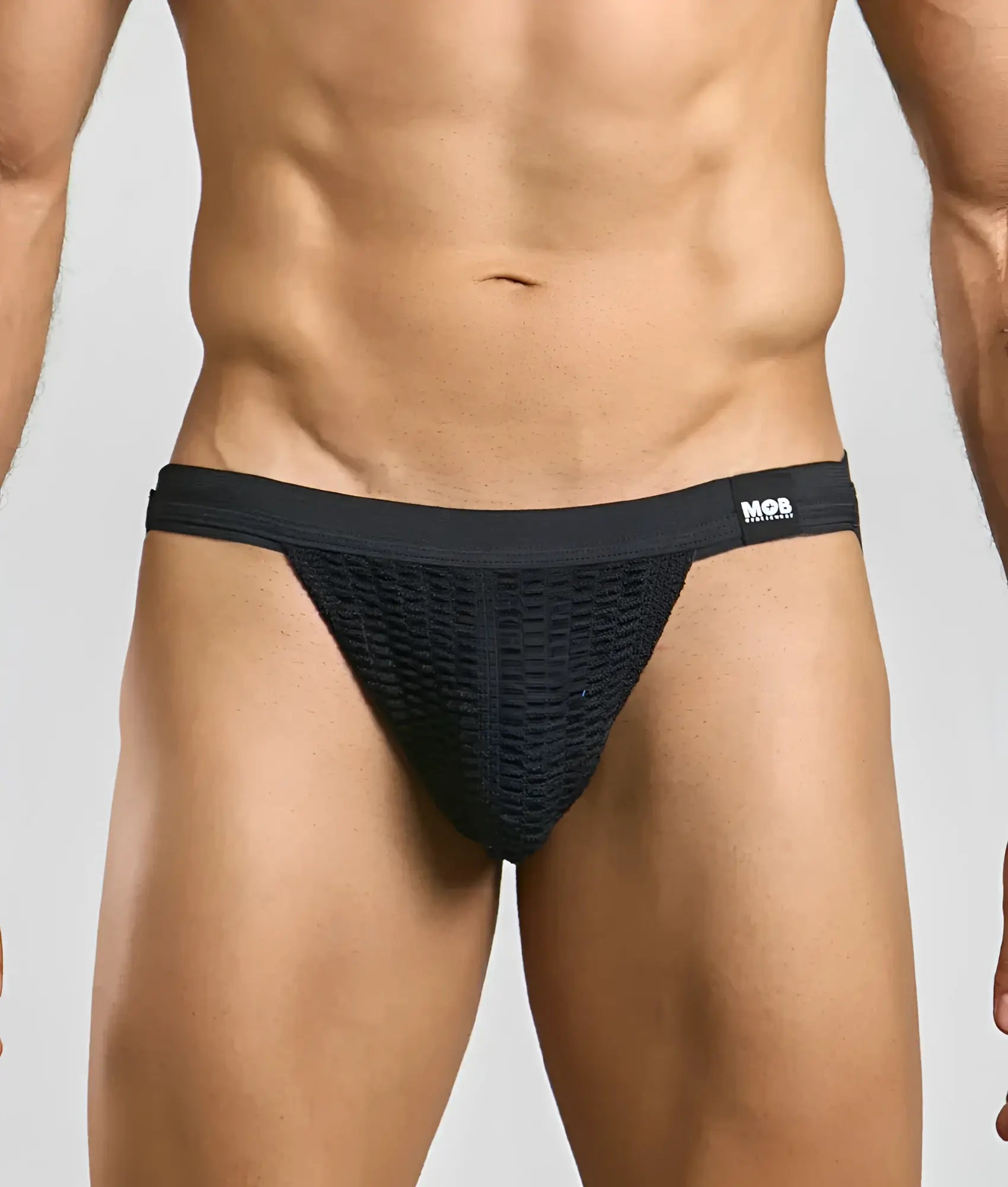 Black mesh swim jockstrap briefs with solid waistband and mos brand logo designed for swimwear use