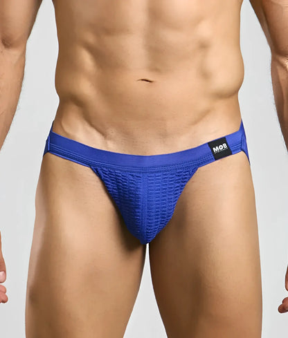 Blue textured athletic swim jockstrap briefs with black mob brand tag on waistband for active use