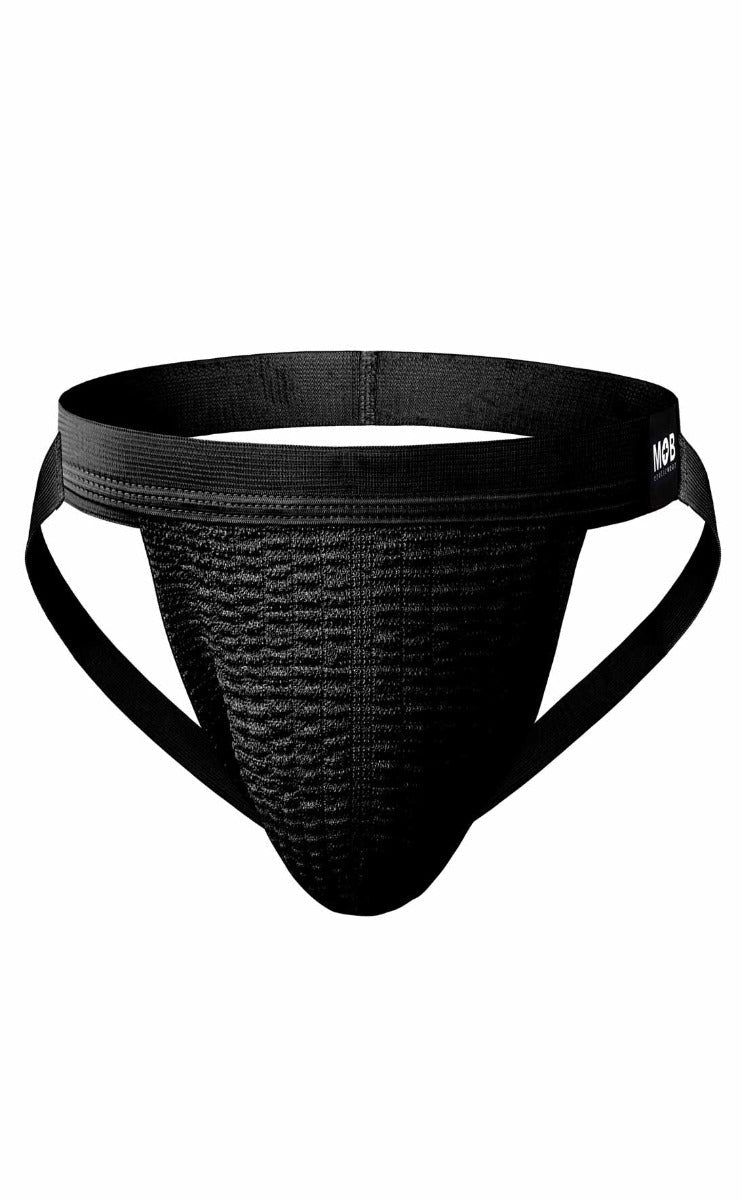 Black mob swim jockstrap with textured breathable mesh fabric and reinforced elastic waistband for athletic support