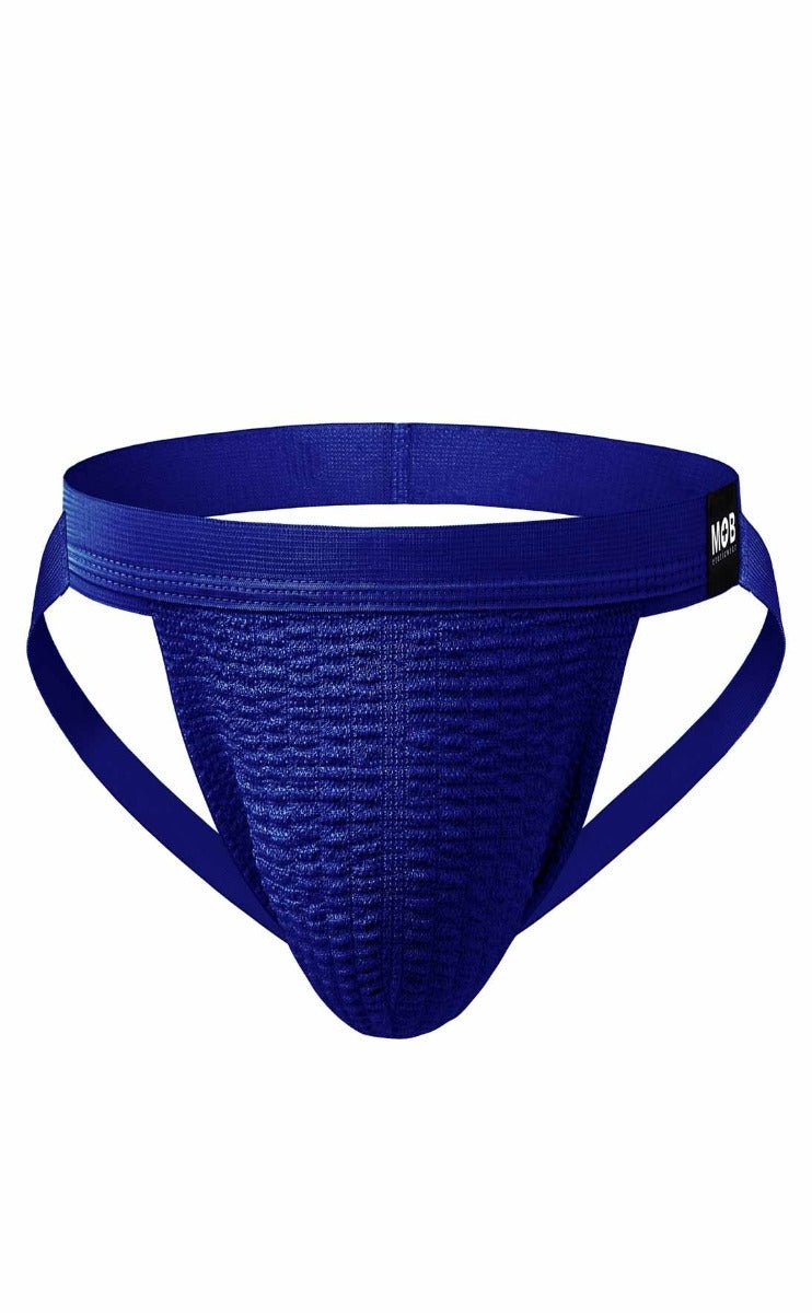 Royal blue mob swim jockstrap athletic briefs with textured fabric and supportive side straps for swimwear use