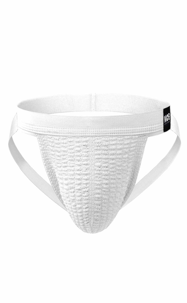 White textured athletic swim jockstrap with supportive waistband and side straps for active use