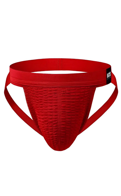 Red textured athletic swim jockstrap with supportive waistband and side straps for active water use