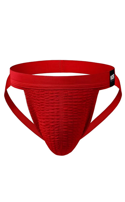 Red textured MOB Swim Jockstrap athletic briefs with supportive waistband and side straps for active wear