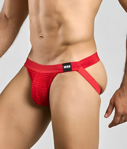 MOB swim jockstrap red textured mesh briefs with solid waistband side straps and black mob brand label
